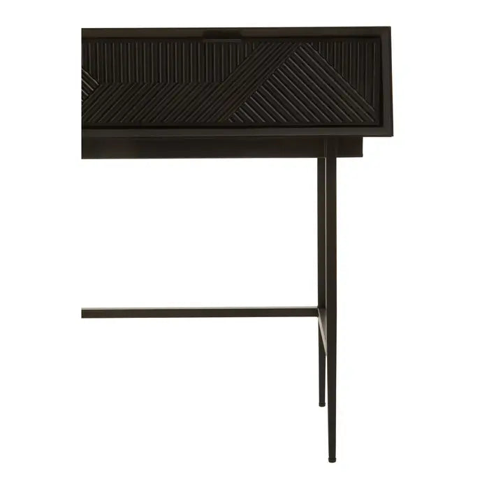 Jakara Console Table, Black Finish, Metal Legs, Wooden, Single Shelf, Two Drawers