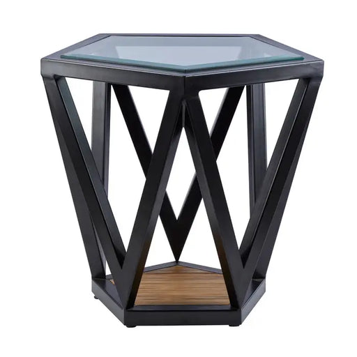 Pentagon Side Table, Black Wooden Frame, Glass Top