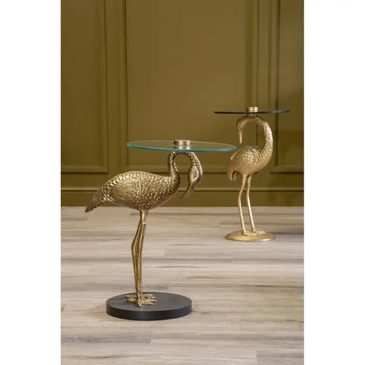 Inventivo Pelican Side Table, Gold Metal, Black Glass Round Top