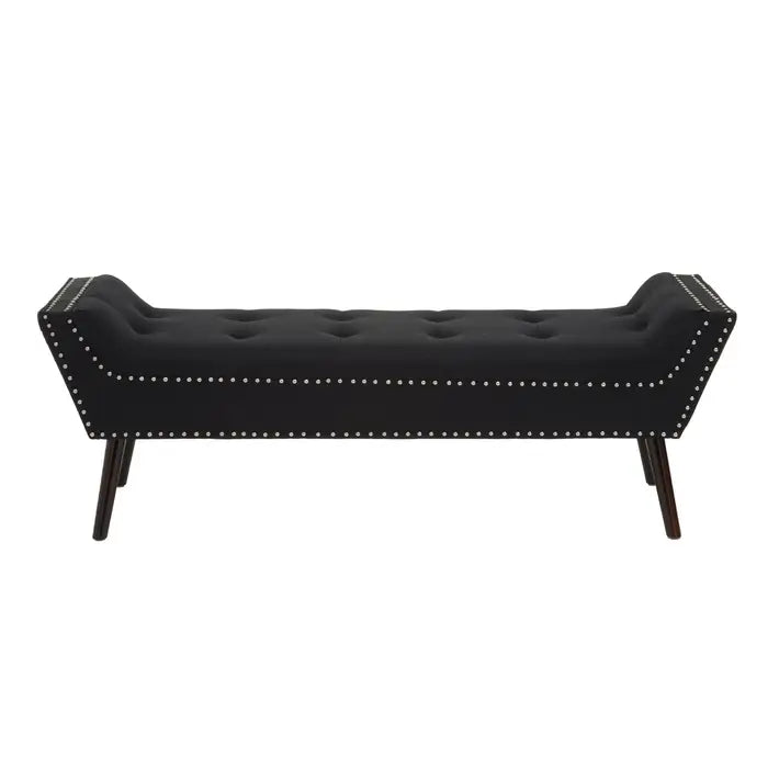 Wilton Black Fabric Bench, Silver Studs, Button Tufted