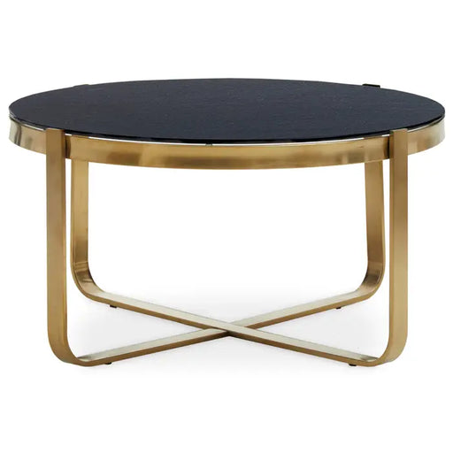 Alana II Round Coffee Table, Black Round Glass, Gold Stainless Steel