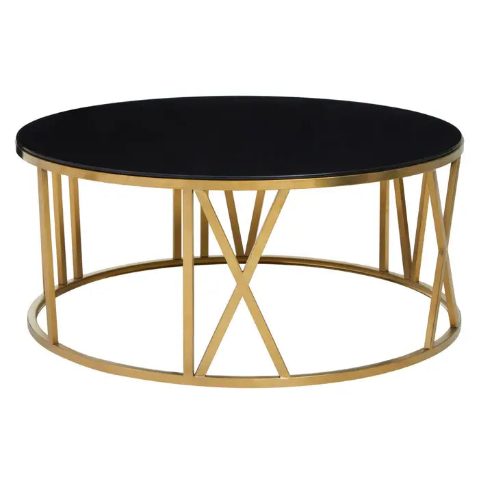Alana Round Coffee Table, Black Tempered Glass Top, Gold Stainless Steel Frame