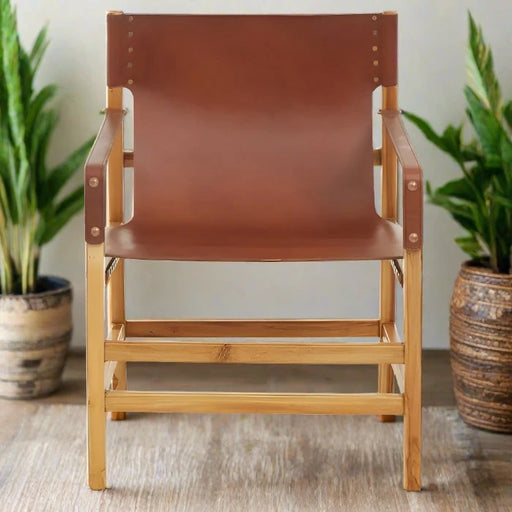 Kendari Accent Armchair, Brown Leather, Natural Wood Frame