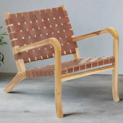 Newton Accent Chair, Woven Brown Leather Straps, Natural Wood Frame