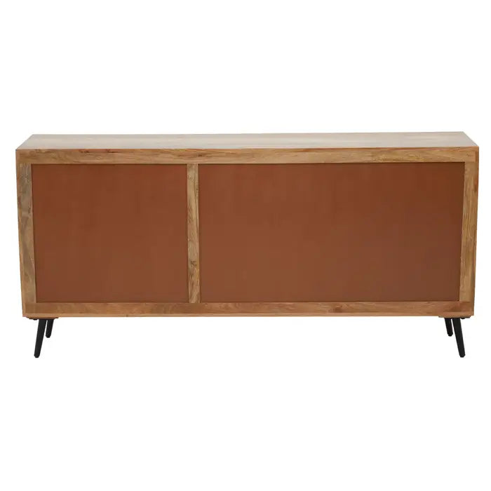 Boho Wooden Sideboard Cabinet, 2 Door, 3 Drawer, Black Metal Legs
