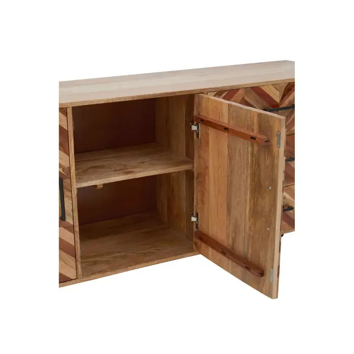 Boho Wooden Sideboard Cabinet, 2 Door, 3 Drawer, Black Metal Legs
