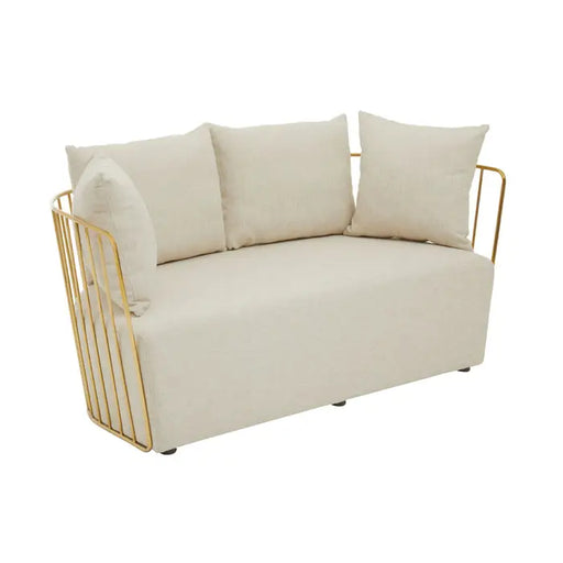 Azalea Two Seater Sofa, Natural White Fabric, Stainless Steel Angular Frame, Gold, Four Pillows, Foam Padded Seat