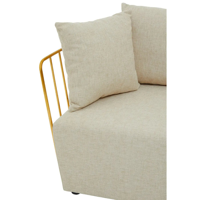 Azalea Two Seater Sofa, Natural White Fabric, Stainless Steel Angular Frame, Gold, Four Pillows, Foam Padded Seat