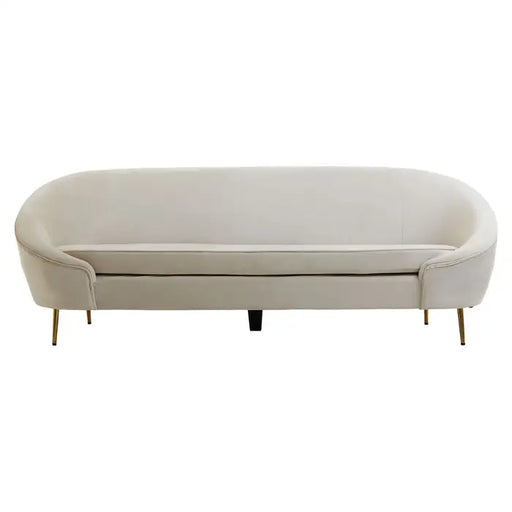 Yasmeen 3 Seater Sofa, Beige Velvet, Curved Shape, Tapered Gold Finished Legs