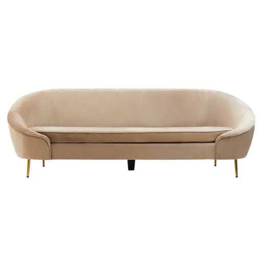 Yasmeen 3 Seater Sofa, Mink Velvet, Curved Shape, Tapered Gold Finished Legs