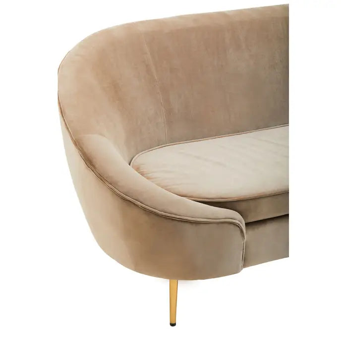 Yasmeen 3 Seater Sofa, Mink Velvet, Curved Shape, Tapered Gold Finished Legs