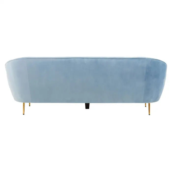 Yasmeen 3 Seater Sofa, Aqua Blue Velvet, Curved Shape, Tapered Gold Finished Legs