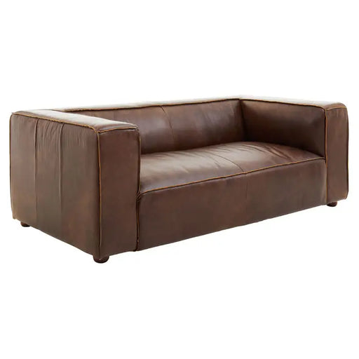 King Two Seater Sofa, Brown Leather, Low Back, Track Arms, Wood Legs