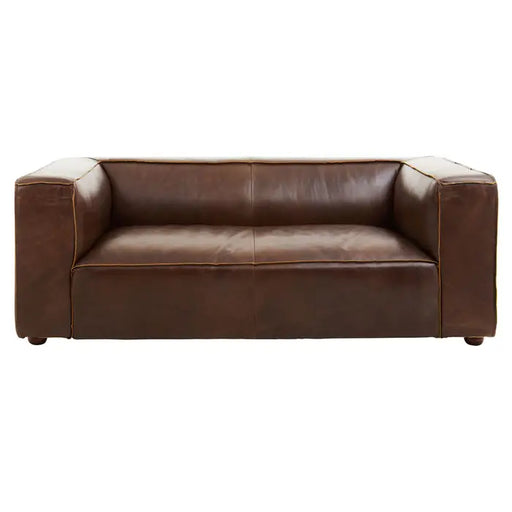 King Two Seater Sofa, Brown Leather, Low Back, Track Arms, Wood Legs