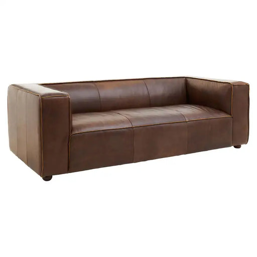 King Three Seater Sofa, Brown Leather, Wooden Legs, Low Back, Track Arms