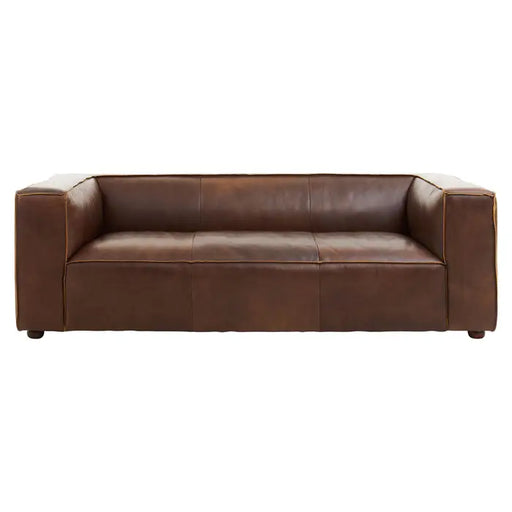 King Three Seater Sofa, Brown Leather, Wooden Legs, Low Back, Track Arms