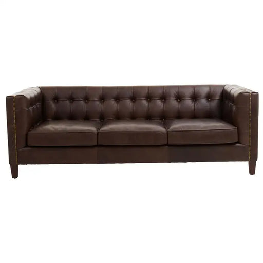 King 3 Seater Sofa, Tufted Brown Leather, Oak Wood Legs, Foam-Padded