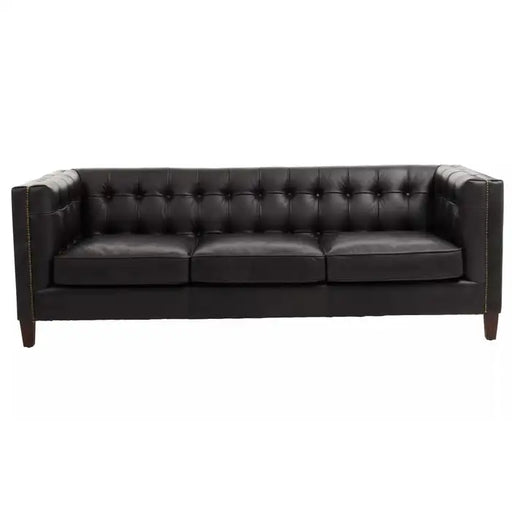 King Three Seater Sofa, Antique Black Leather, Oak Wood Legs, Straightforward Arms