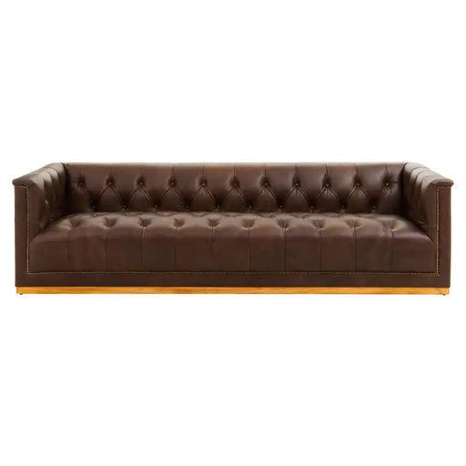 King Three Seater Sofa, Brown Tufted Leather, Oak Wood Legs, Gold Border, Foam-Padded