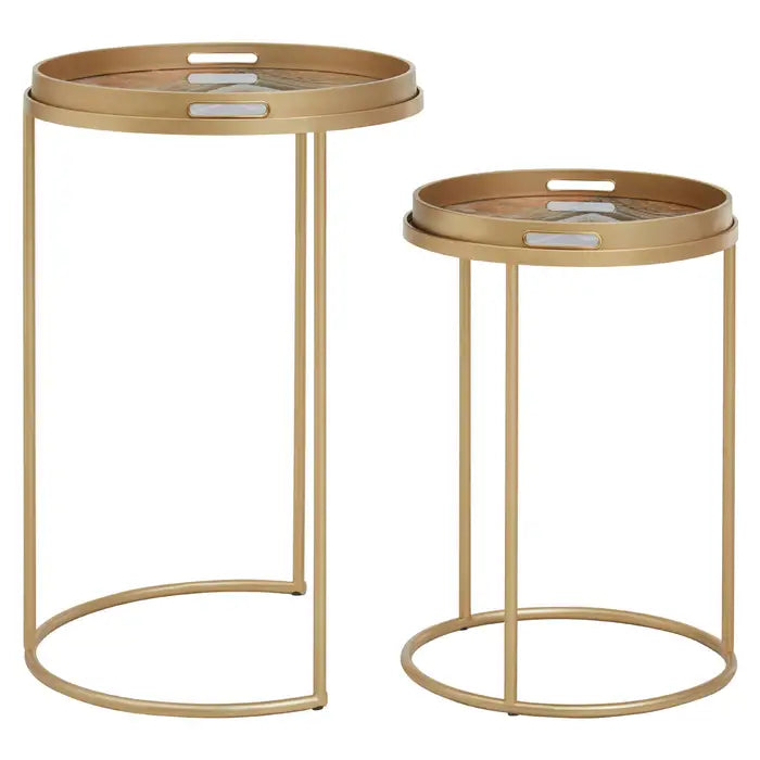Celina  Nesting Side Tables, Abstract, Metal Base Forms, Round Top, Set Of Two