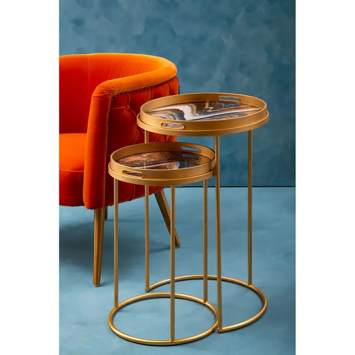 Celina  Nesting Side Tables, Abstract, Metal Base Forms, Round Top, Set Of Two