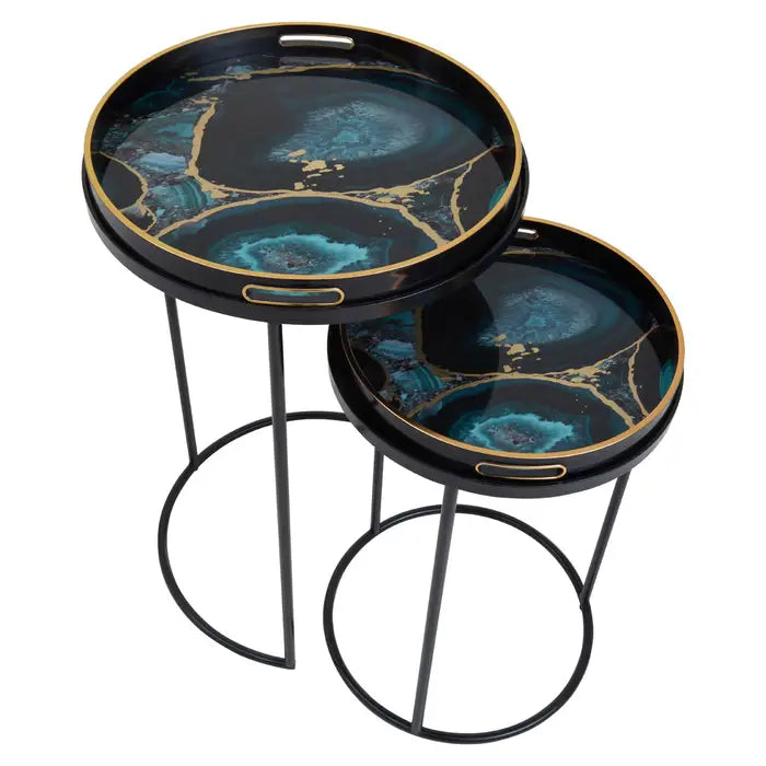Celina Agate Nesting Side Tables, Metal Black Frame, Round Top, Set Of Two