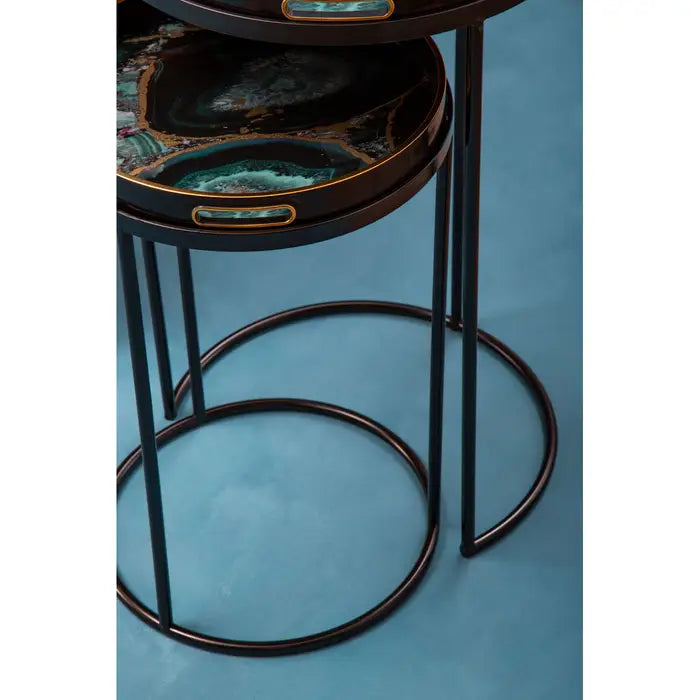 Celina Agate Nesting Side Tables, Metal Black Frame, Round Top, Set Of Two
