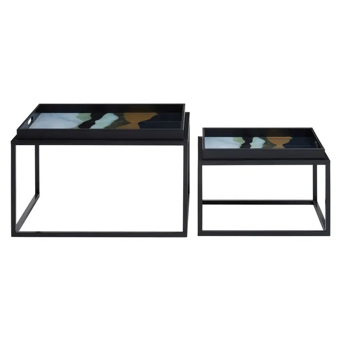 Celina Nesting Side Tables, Square, Black Metal Frame, Set Of Two