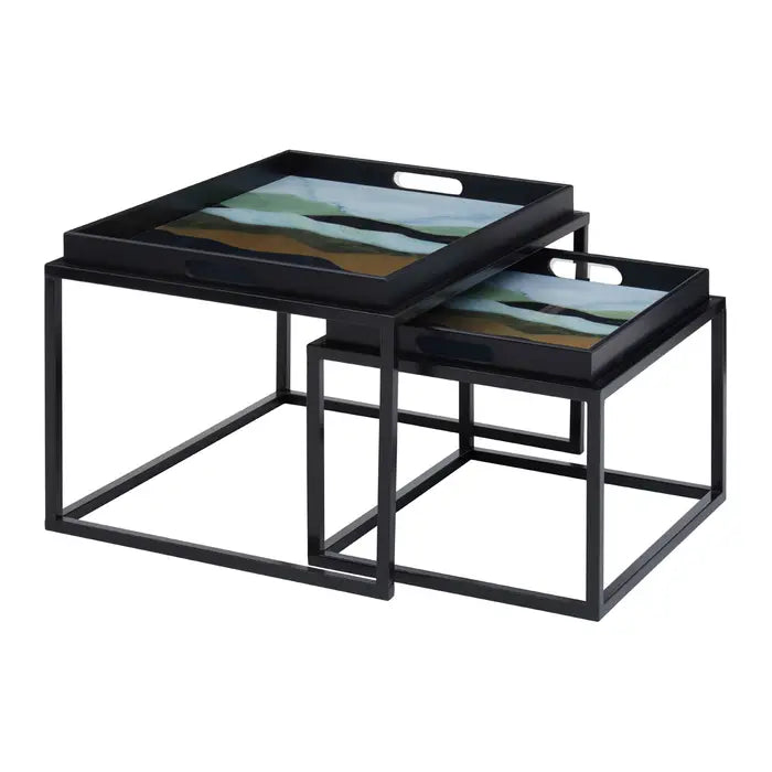 Celina Nesting Side Tables, Square, Black Metal Frame, Set Of Two