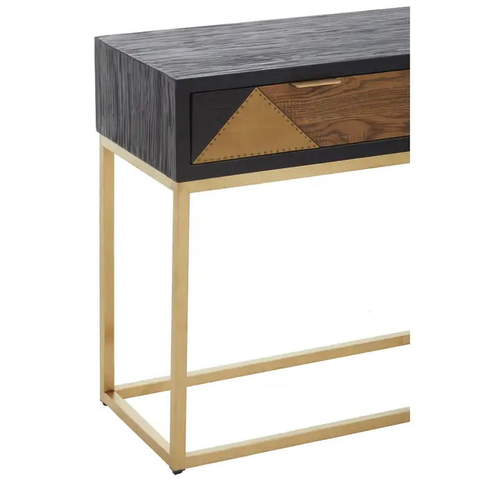 Siena Console Table, Gold Stainless Steel Frame, Brown Oak Top, Drawer