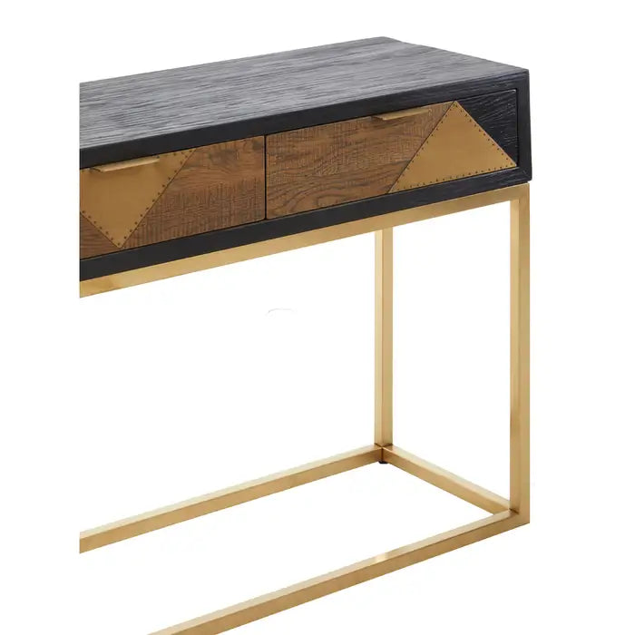 Siena Console Table, Gold Stainless Steel Frame, Brown Oak Top, Drawer