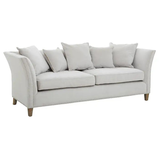 Sutton 3 Seater Sofa, Grey Fabric,  Arching Arms, Brown Wooden Legs, Cushions