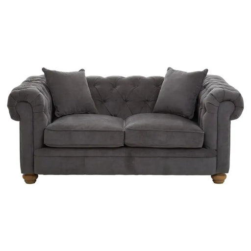 Spencer 2 Seater Button Sofa,  Grey Fabric, Brown Wooden Legs, Rounded Arms, Plump Cushions