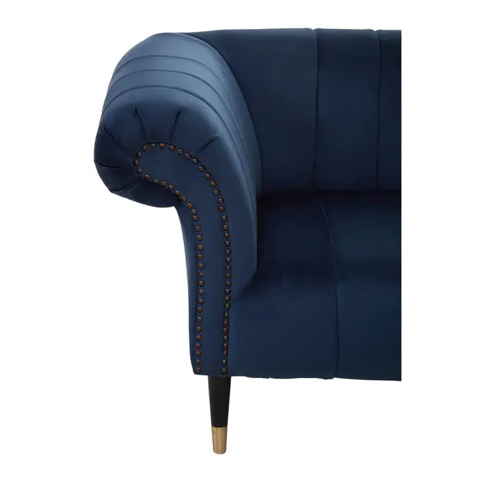 Siena 3 Seater Sofa, Midnight Blue Velvet, Channel Tufting, Black wooden legs, Scrolled Arms