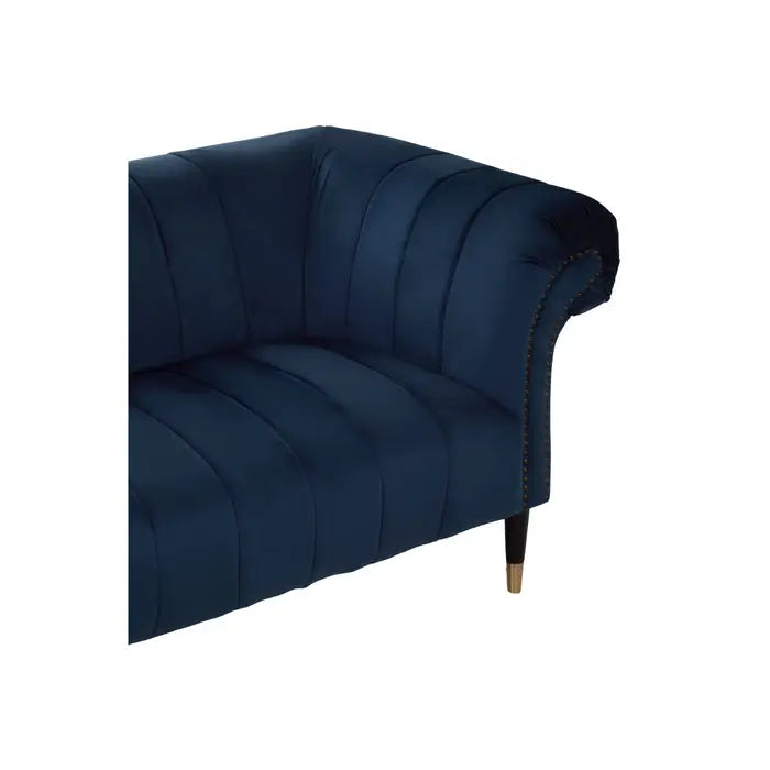 Siena 3 Seater Sofa, Midnight Blue Velvet, Channel Tufting, Black wooden legs, Scrolled Arms
