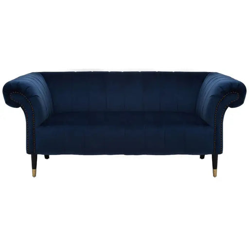Siena 2 Seater Sofa, Midnight Blue Velvet, Black wooden legs, Scrolled Arms