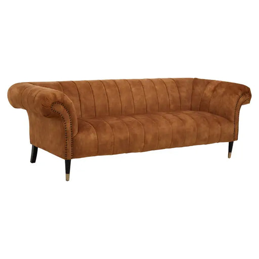 Siena 3 Seater Sofa, Gold Velvet, Channel Tufting, Black wooden legs, Scrolled Arms