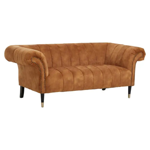 Siena 2 Seater Sofa, Gold Velvet, Black wooden legs, Channel Tufting, Scrolled Arms