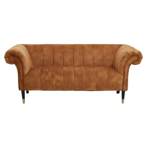 Siena 2 Seater Sofa, Gold Velvet, Black wooden legs, Channel Tufting, Scrolled Arms