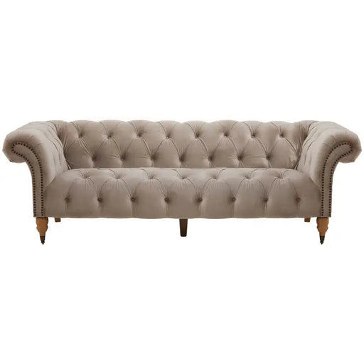 Suri 3 Seater Sofa, Natural Velvet, Carved Wooden Legs, Button Tufting Chesterfield Design