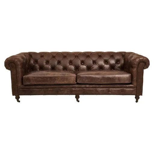 Hoxton Three Seater Sofa, Brown Leather, Rolled Arms, wheels 