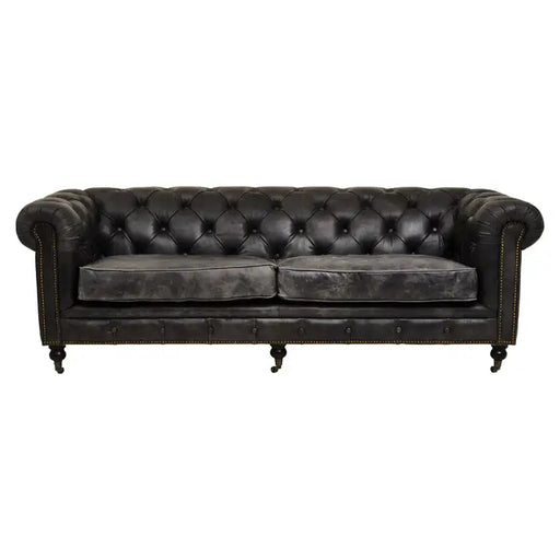 Hoxton Three Seater Sofa, Ebony Leather, Turned Feet, Wheels, Rolled Arms 