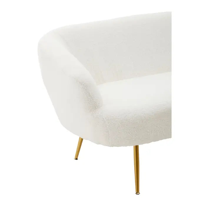 Yazmin Two Seat Sofa, Plush White Teddy Fabric, Gold Finished Metal Legs, Foam Padding