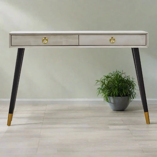 Cadio Wooden Console Table, Natural Shagreen, Black Legs,  2 Drawer, Gold Foot Cap