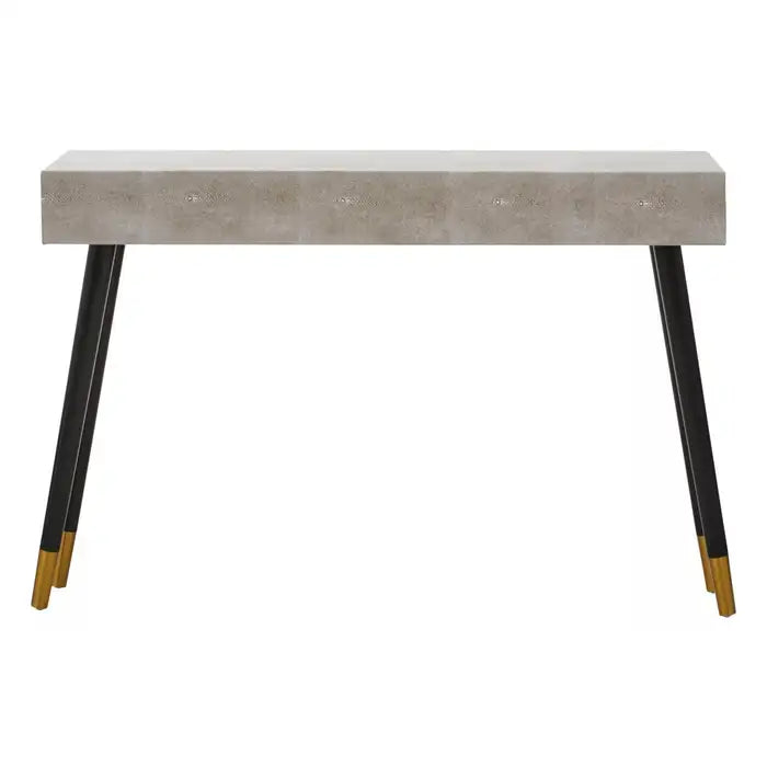 Cadio Wooden Console Table, Natural Shagreen, Black Legs,  2 Drawer, Gold Foot Cap