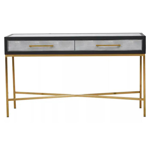 Cadiz Console Table, Gold, Stainless Steel Frame, Natural Wooen Top, 2 Drawers, Black Border