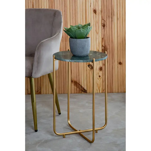 Mandoli Side Table, Gold Metal Frame, Green Round Marble Top 
