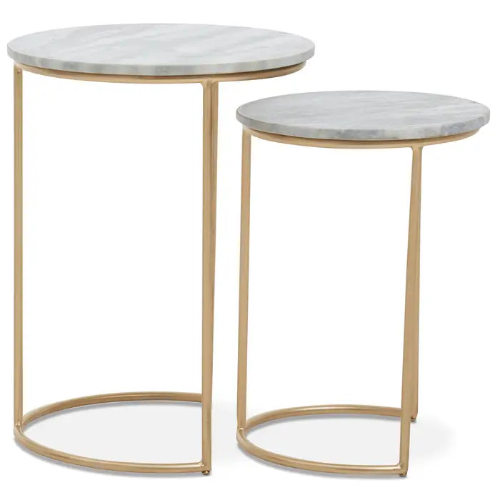 Mandoli Nest Side Table, Gold Metal Frame, Green Round Marble Top, Set Of 2