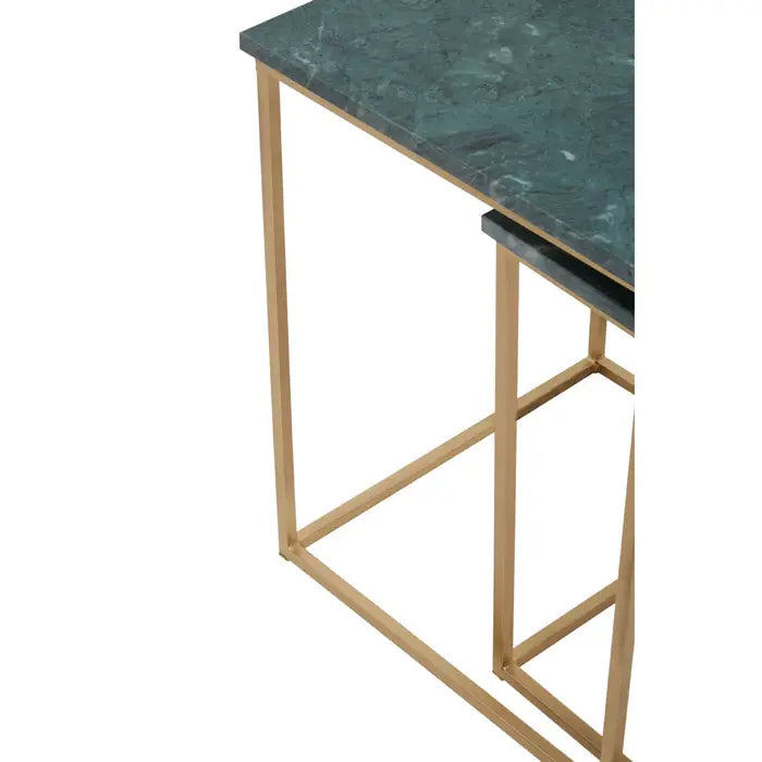 Mandoli Nest Side Tables, Gold Metal Frame, Green Marble Top, Set Of 2