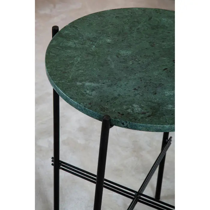 Mandoli Side Table, Black Metal Frame, Green Round Marble Top